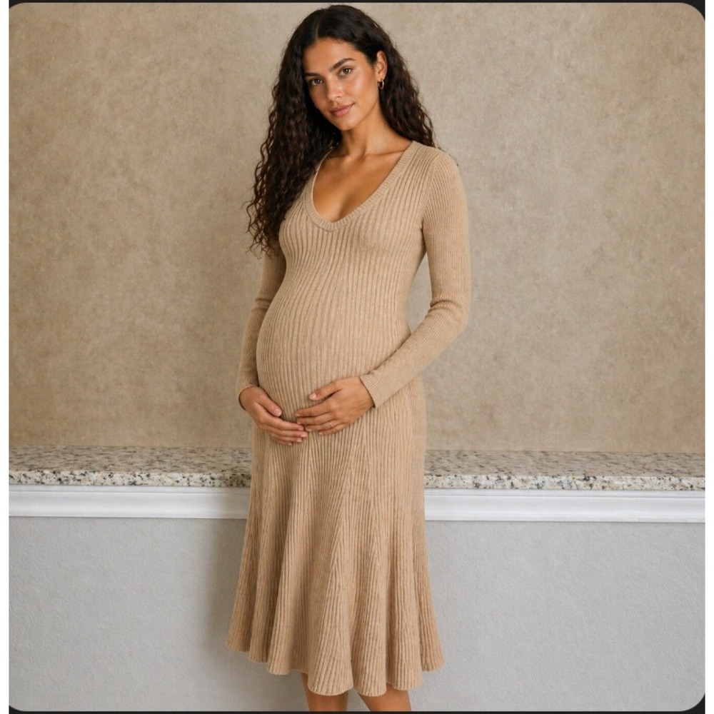 HATCH Dasha Ribbed Knit Midi Dress 2 Maternity Tan Scoop Long Sleeve Stretch